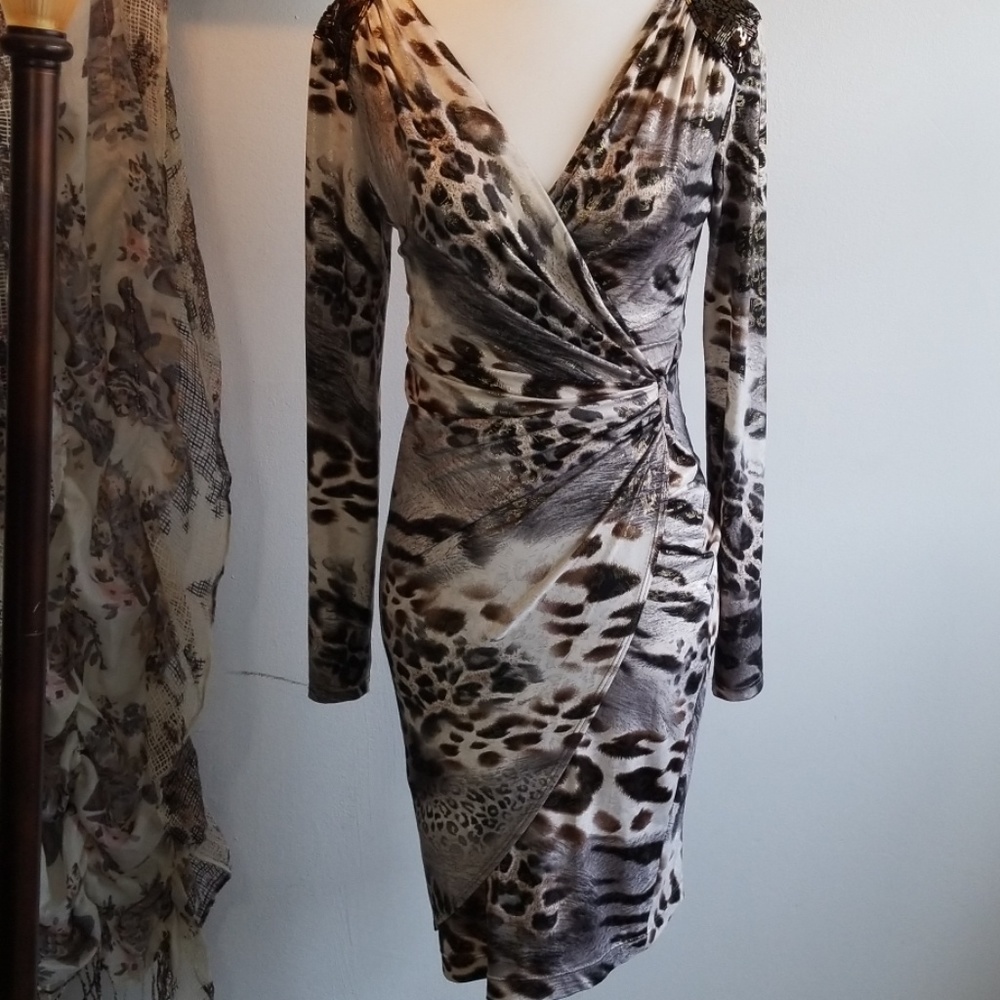 Cache Leopard Print Black Silver Dress